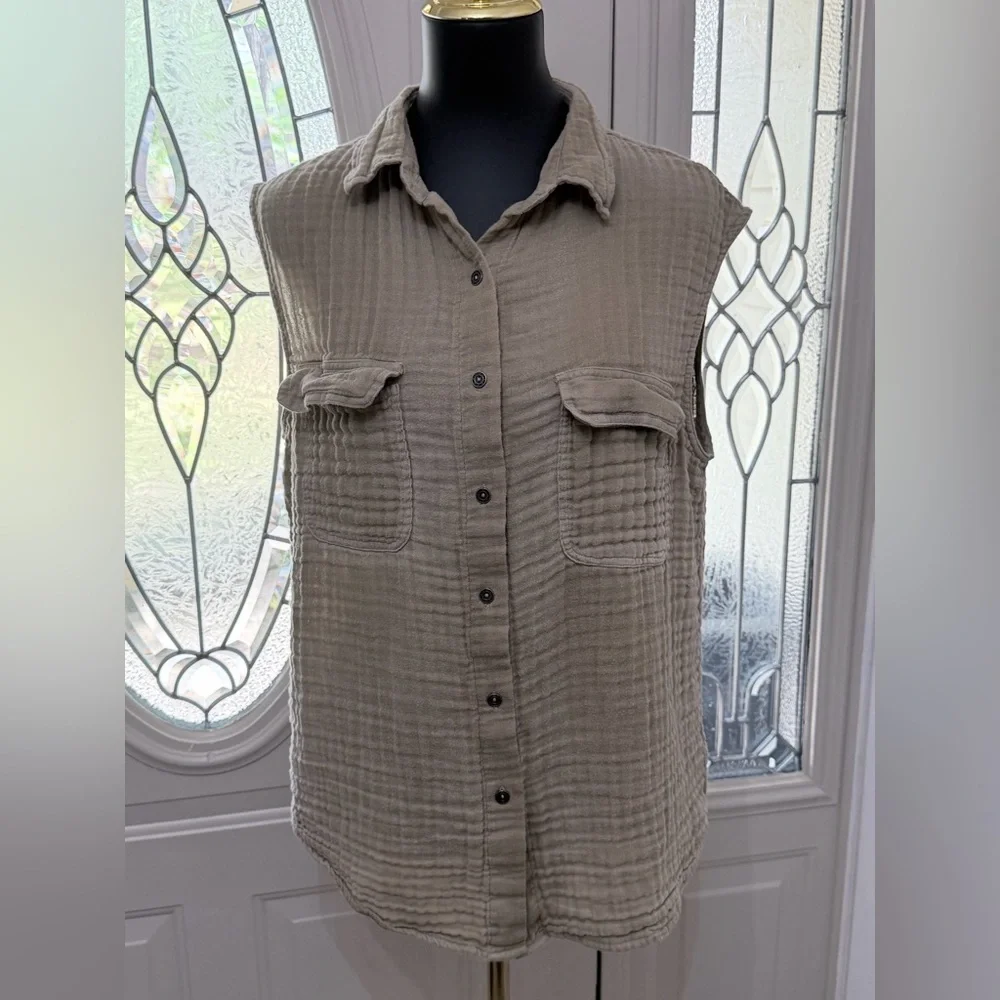 Free People Gauze Button Front Sleeveless Small Beige/Taupe Boho Utility Shirt